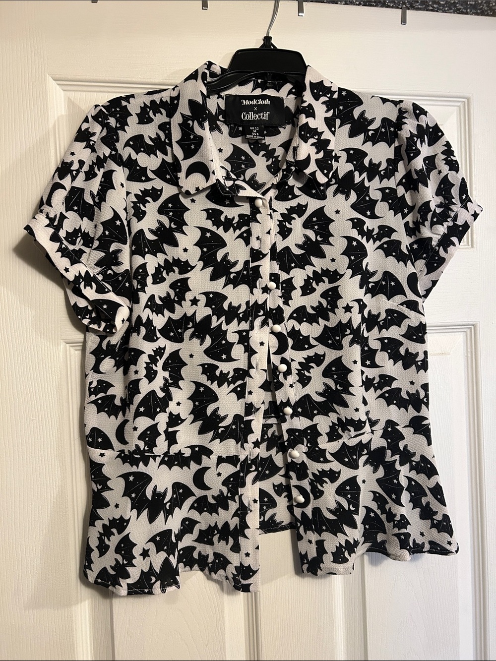 Collectif Black & White Bat-Print Button Down Shirt